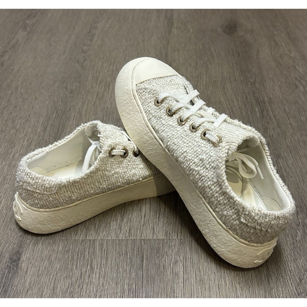 Chanel 24P Tweed Low Top Sneakers Shoes White Gold Eyelets Women's Size 39